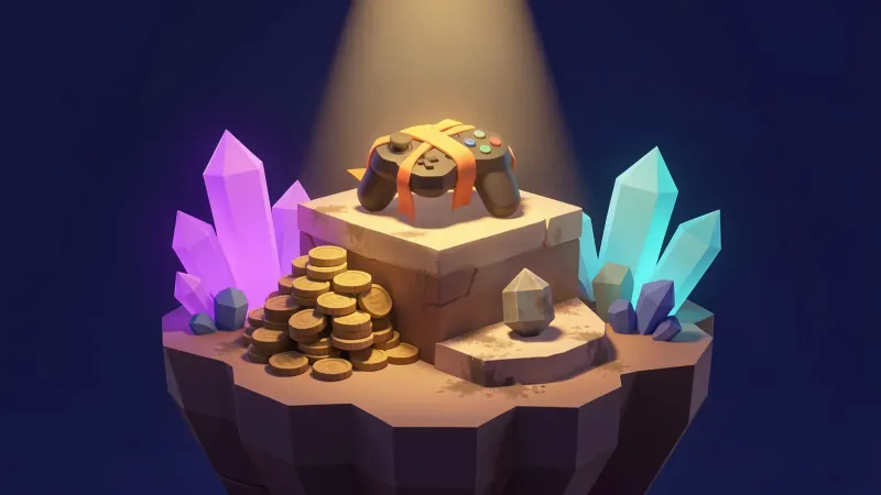 Illustration: a three-step podium on a floating island, a glowing game controller on top, and lower down a pile of coins and a crystal token gone dull and dusty, the spotlights on the controller