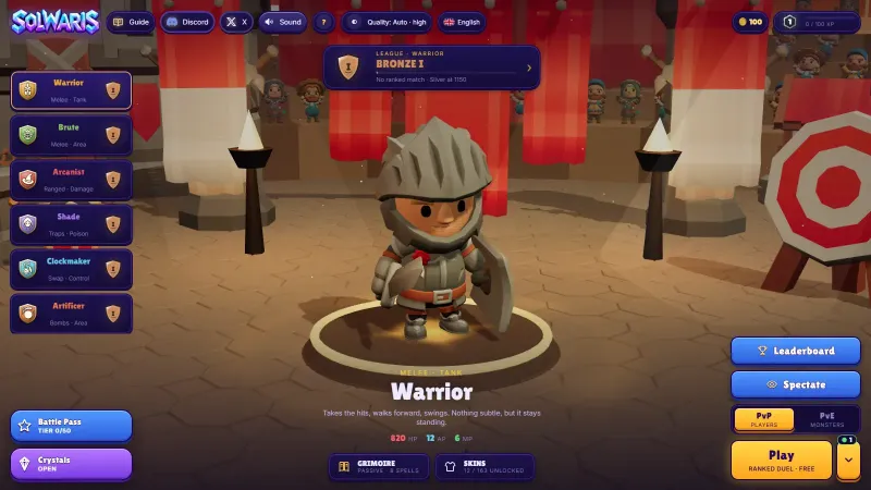 The Solwaris menu in a web browser, with the Warrior selected in the middle, the six classes listed on the left and the Play button for a free ranked duel