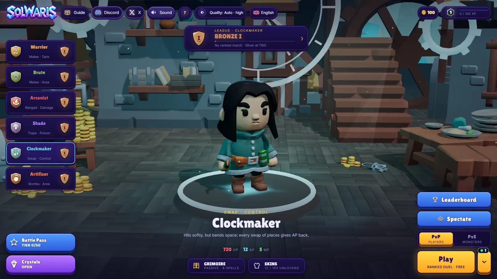 The Solwaris menu in English with the Clockmaker selected, the six classes and the Play button for a free ranked duel