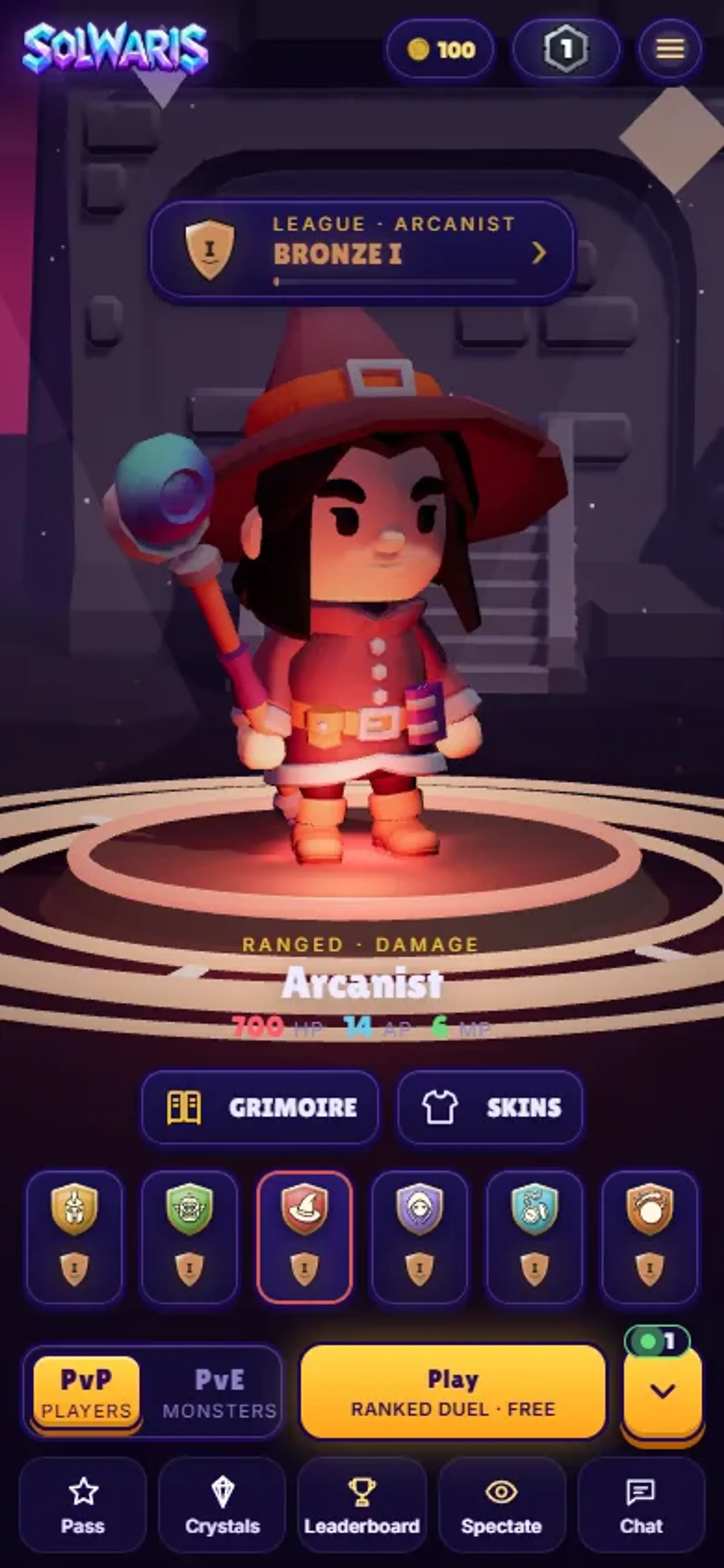 The Solwaris menu in portrait on a phone, with the Arcanist selected and the Play button for a free ranked duel
