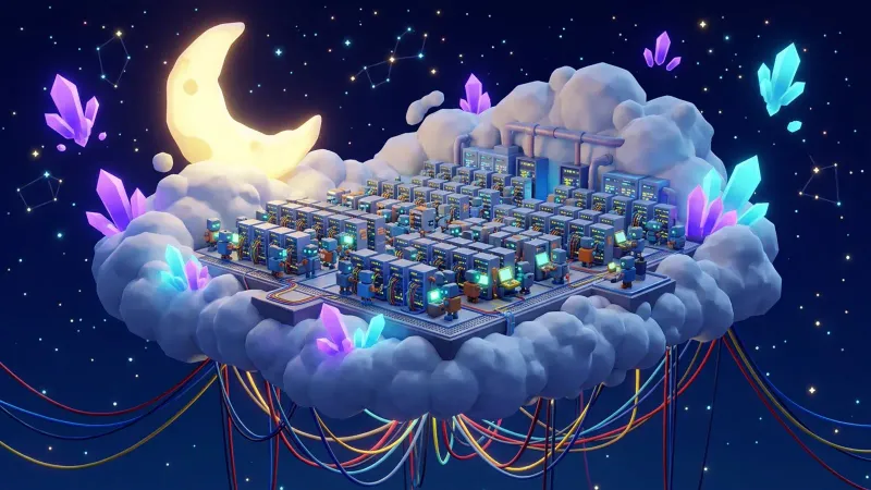 Illustration : sur un nuage, sous un croissant de lune, des rangées de petits robots identiques devant des serveurs