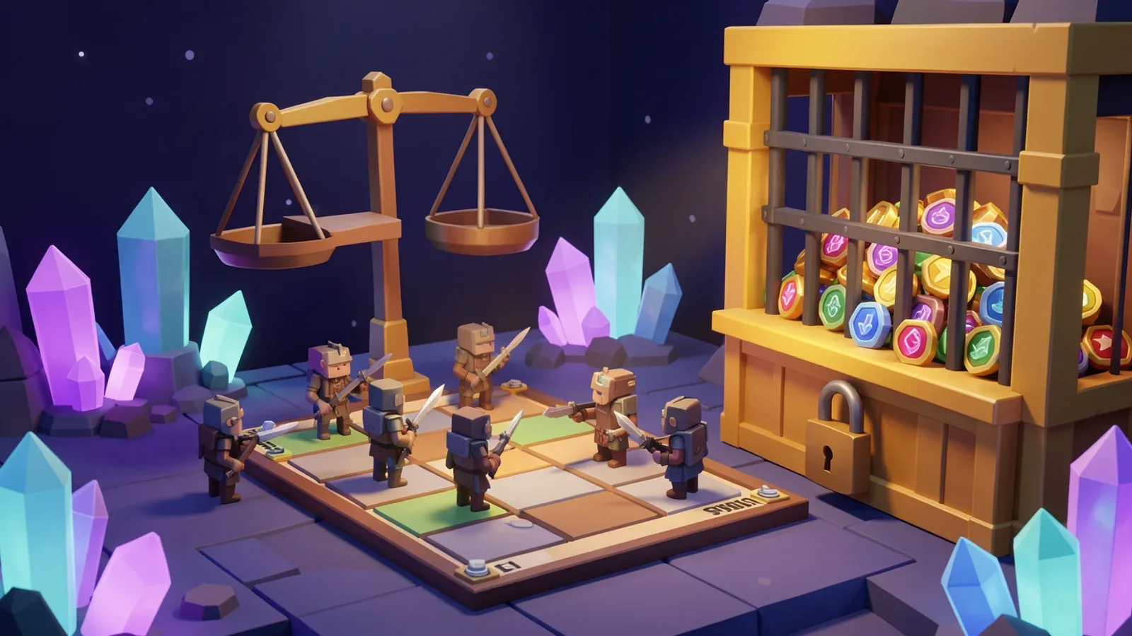Illustration: two small identical armies facing each other on a strategy board, a large perfectly level balance above them, and to the side a golden counter boarded shut in front of a pile of power-up items