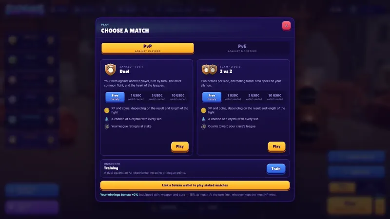 La ventana Elegir un combate de Solwaris: un duelo clasificatorio y un 2 contra 2, gratis o con una apuesta de 1, 5 o 10 USDC, además del entrenamiento contra una IA