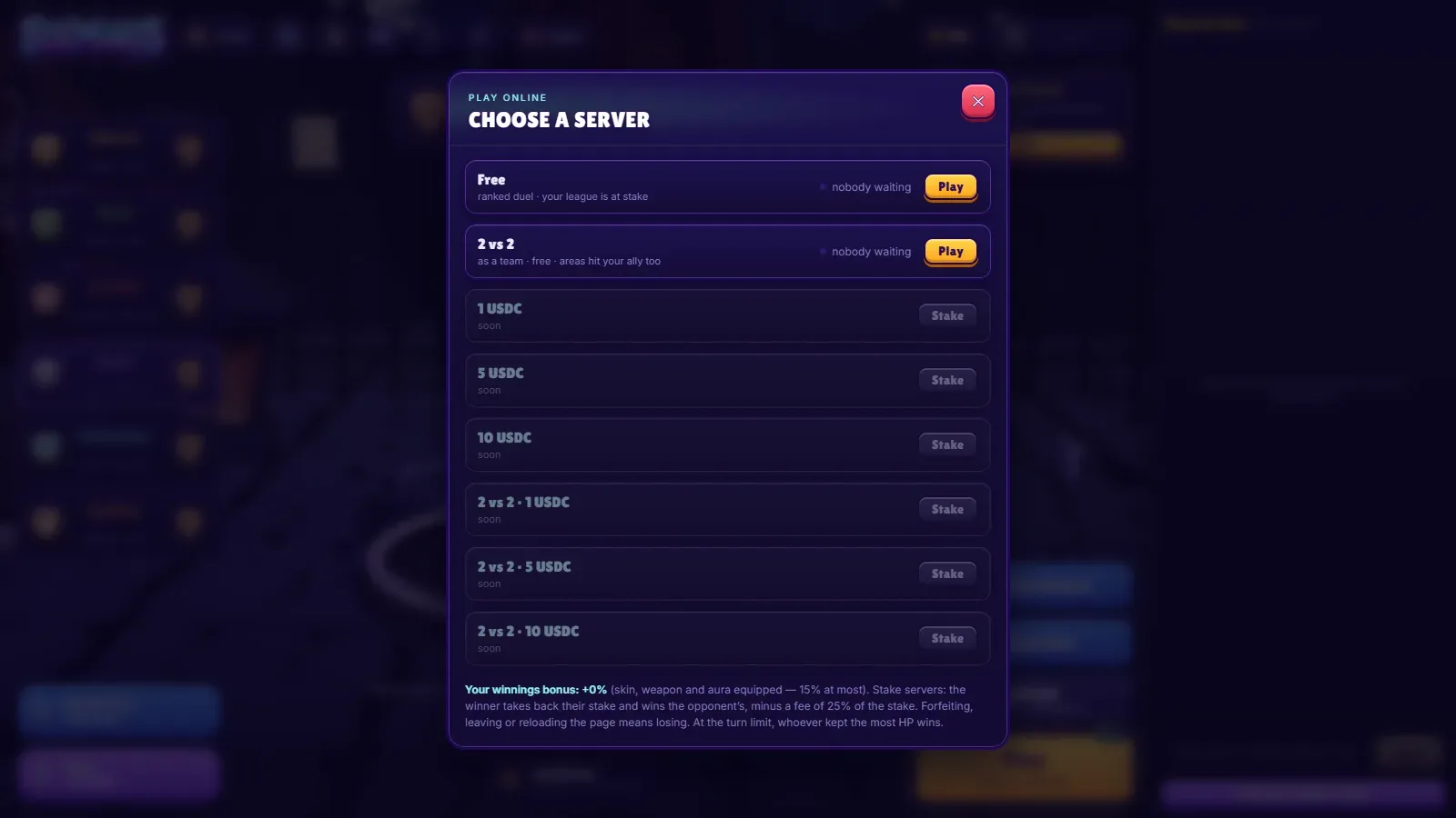 The Solwaris server list in English: free ranked duels and 2 vs 2 at the top, stake servers in USDC below