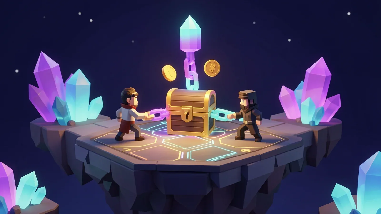 Illustration: two small duelists facing each other on a floating tactical board, between them a glowing chest held by a chain of violet and cyan blocks linked to a crystal tower, coins hovering above