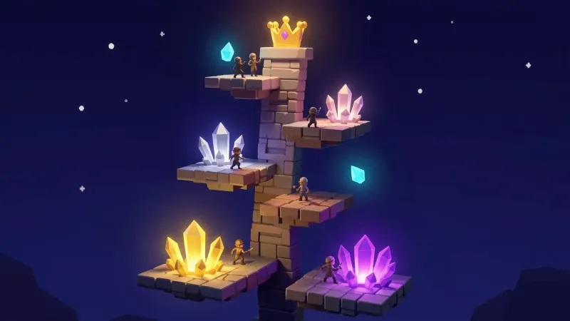 Illustration: a tall ladder of floating stone platforms, each a small tactical arena marked with a league crystal, bronze, silver, gold, violet, tiny duelists climbing from one to the next and a crown at the top