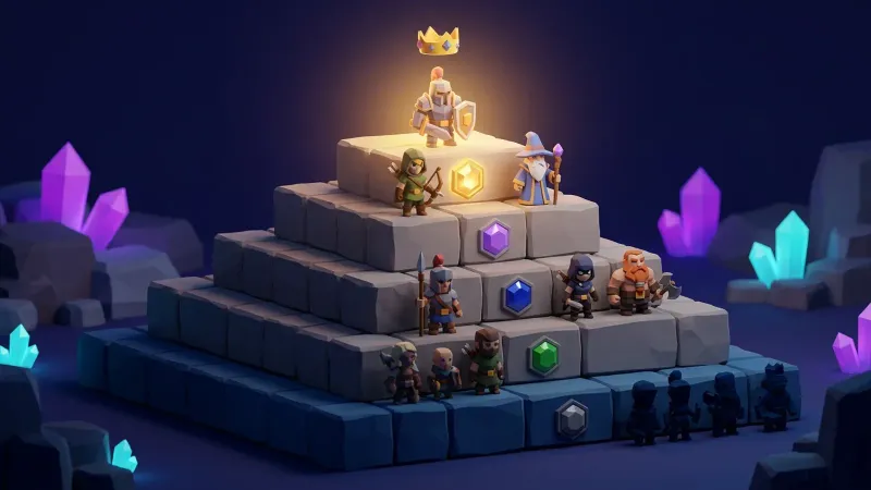 Illustration: a five-level stone staircase, each step set with a coloured gem, heroes spread over the steps and a single one at the top under a crown