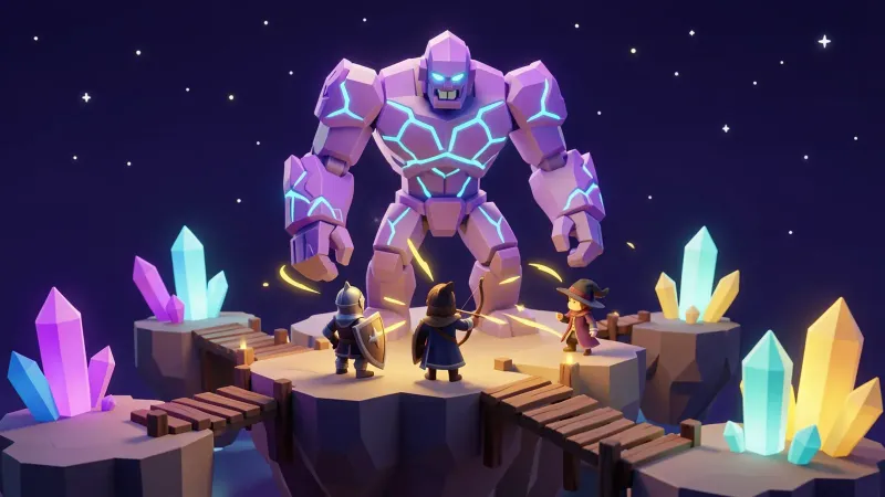 Illustration: three small heroes, a knight, an archer and a mage, gathered on floating islands linked by bridges, facing a giant crystal golem at the center of the board