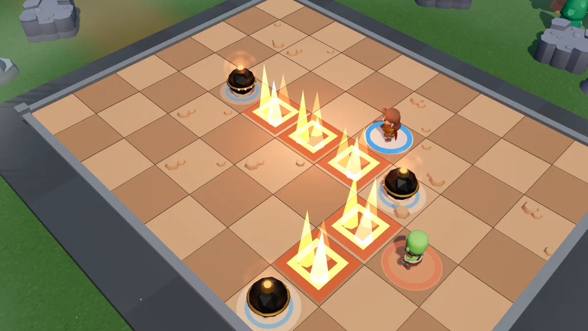 Three charges in an L and their two firing lines