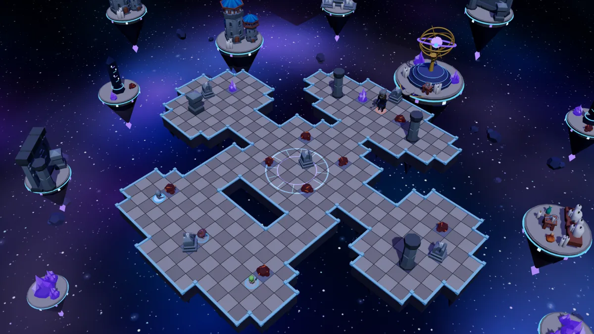 The Astral Observatory: five islands linked by bridges, the Archmage at the top, three heroes at the bottom