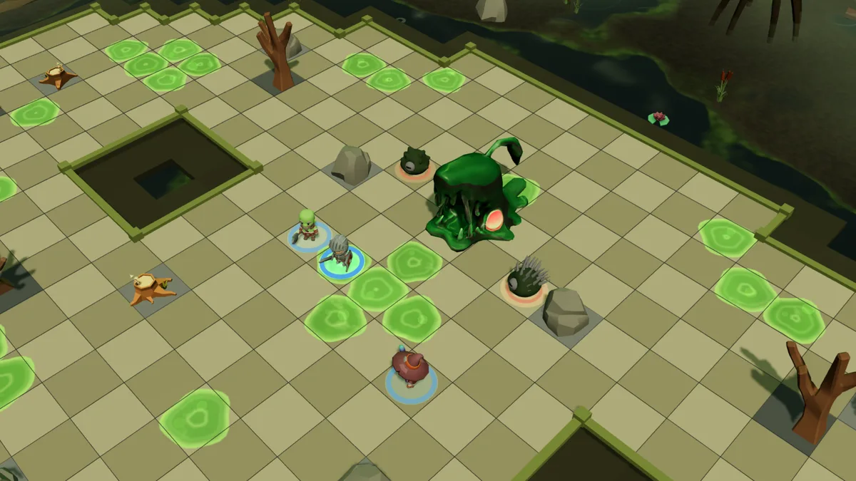 The Jelly in the middle of the marsh, two little jellies split from her, facing three heroes