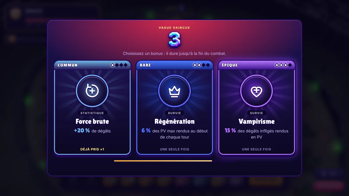 Tres cartas de bonus tras la oleada 3: Fuerza bruta, Regeneración y Vampirismo