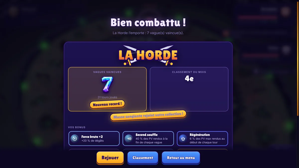 La pantalla final de un combate de la Horda: 7 oleadas vencidas, nuevo récord, 4.º puesto, los bonus cogidos